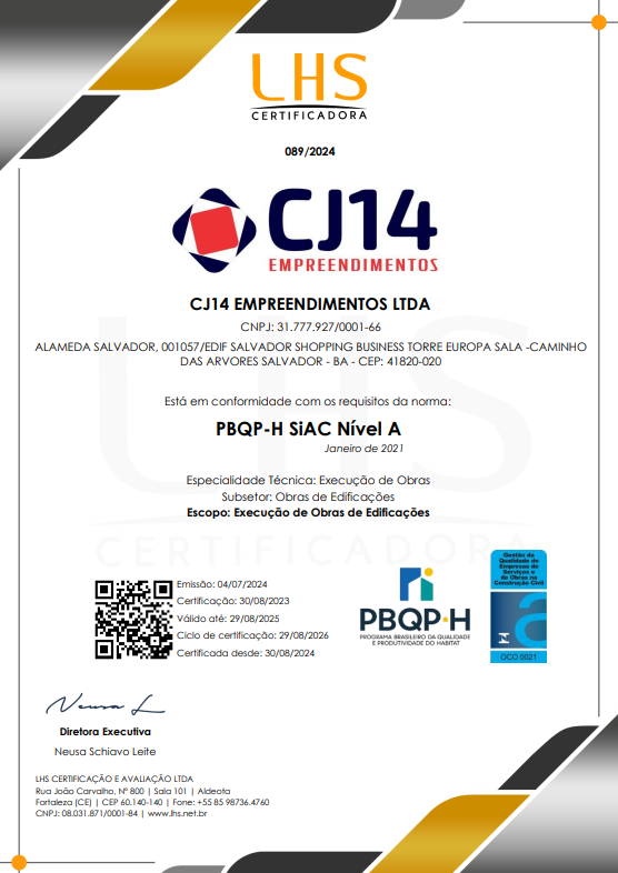 Certificado PBQP-H SiAC Nível A da JLS Empreendimentos
